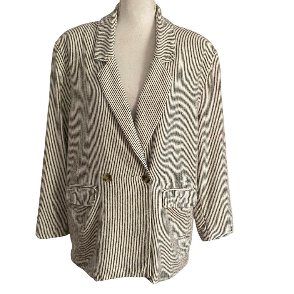 Old Navy Size L Linen Blend Striped Blazer Jacket Pockets Lined Blue Natural